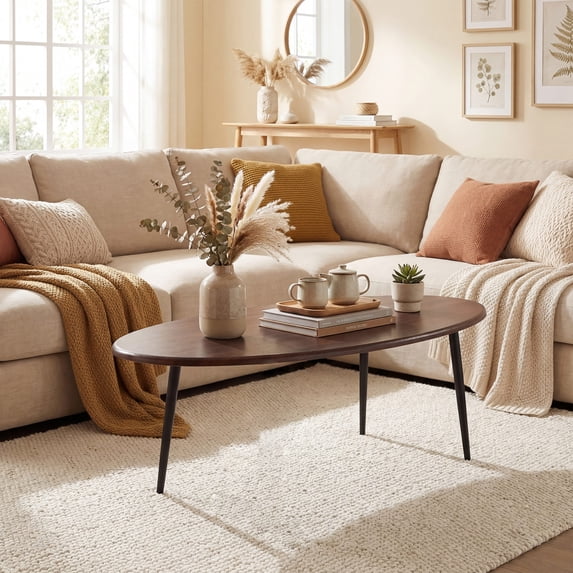 Giantex Oval Coffee Table, Mid-Century Sofa Accent Table w/Rounded Edges, Easy Assembly, Walnut