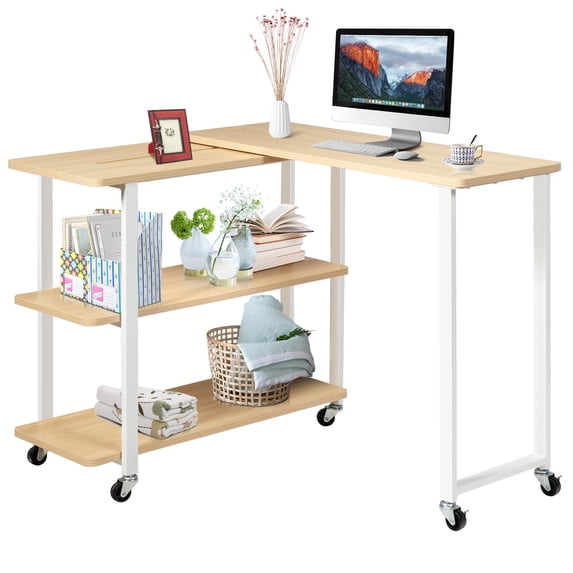 Giantex Patented Rotating Couch Side Table, L-Shaped Sofa End Table, Moveable Laptop Table for Home Office, Natural