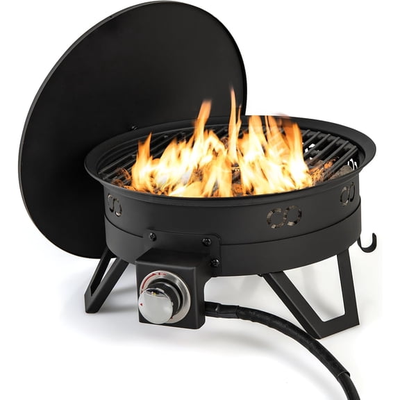 Giantex Portable Propane Fire Pit, 17" Small Outdoor Fire Bowl w/Foldable Legs, Round Fireplace with Lid, Removable Grill, Carry Bag, Lava Rocks, 58000 BTU Smokeless Gas Firepit for Outdoor Camping
