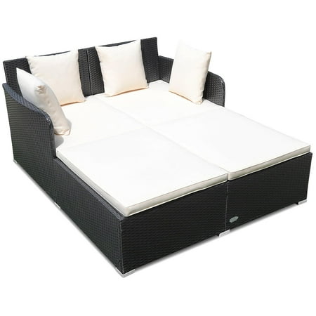 Giantex White Rattan Daybed – Patio Loveseat with Cushions & Sturdy Base