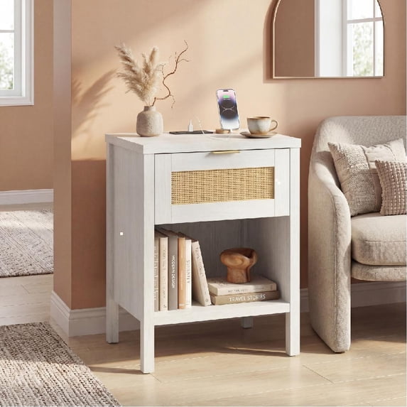 Giantex Rattan Nightstand, Wood Bedside End Table w/USB Ports for Bedroom, White
