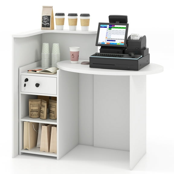 Giantex Reception Desk, Computer Workstation w/Lockable Drawer & Open Shelves, Checkout Counter, White