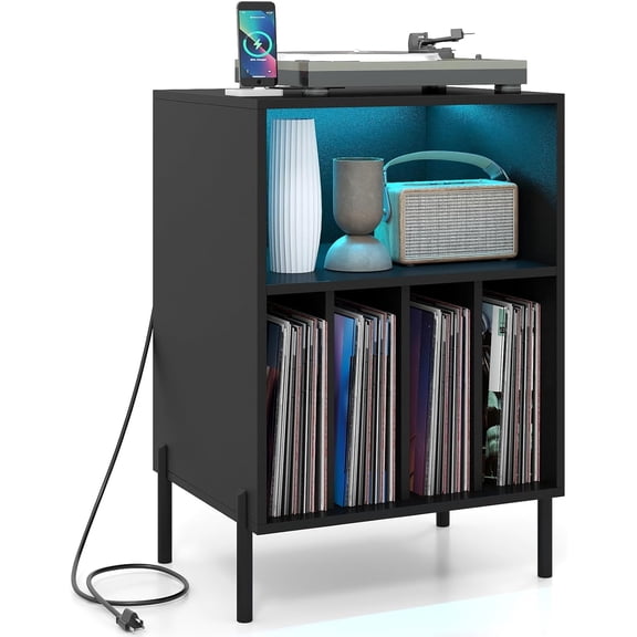 Giantex Record Player Stand with LED Lights & Charging Station, Turntable Stand with Record Holder, Record Player Table with Metal Legs, Vinyl Record Storage for Living Room, Music Room, Black
