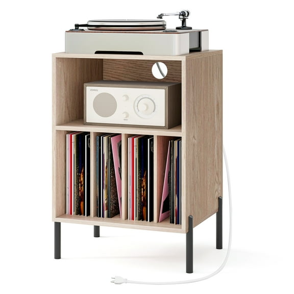 Giantex Record Player Stand, Turntable Side Table Nightstand w/Charging Station & Vinyl Record, Storage Cabinet, Natural