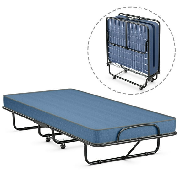 Giantex Rollaway Folding Bed w/Mattress for Adults, 79x38 Inch Twin Guest Bed w/Sturdy Metal Frame, Memory Foam Mattress, Sleeper Bed Cot Size 440LBS, Made in Italy (Navy)