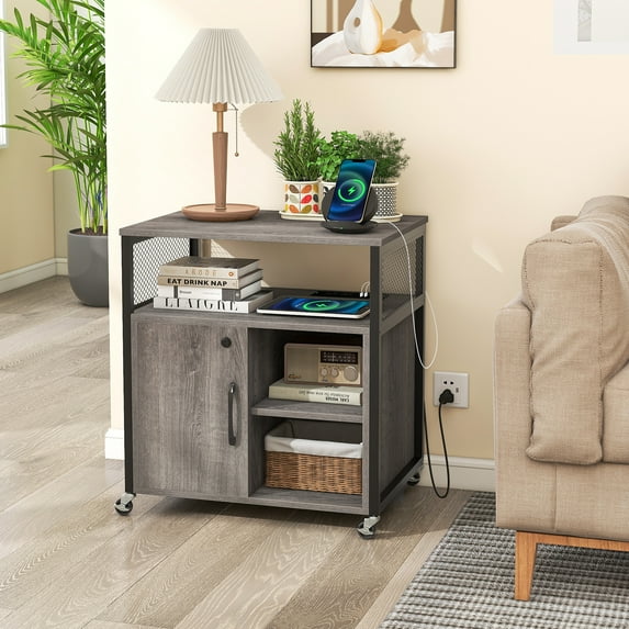 Giantex Rolling File Cabinet w/Charging Station, Mobile Lateral Filing Cabinet w/Adjustable Shelf, Printer Stand, Gray
