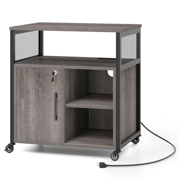 Giantex Rolling File Cabinet w/Charging Station, Mobile Lateral Filing Cabinet w/Adjustable Shelf, Printer Stand, Gray
