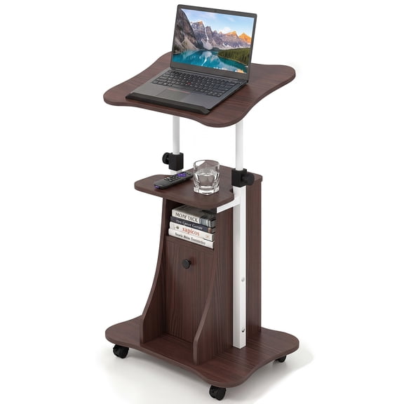 Giantex Rolling Lectern Podium Stand 27-37.5 Inch Adjustable Laptop Table with Storage Brown + White