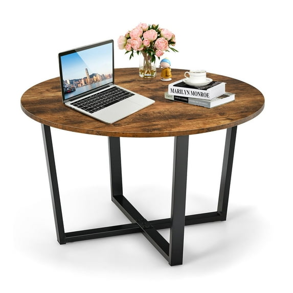 Giantex Round Coffee Table, Modern Leisure Tea Table w/X Base Metal Frame, Industrial Style Cocktail Table for Living Room Bedroom Office, Easy Assembly