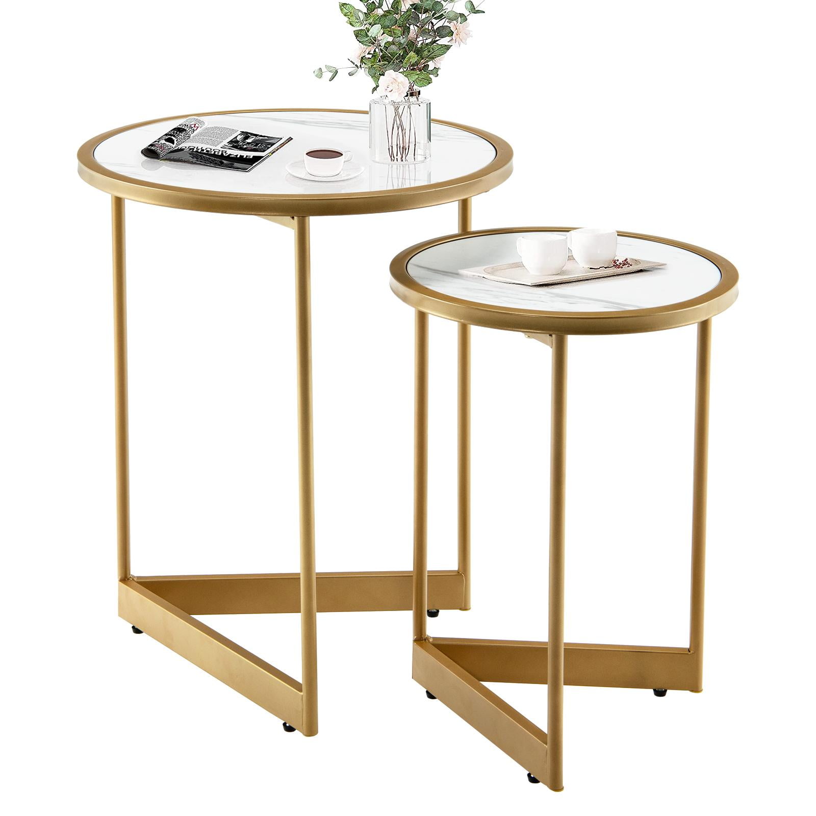 Giantex Round Nesting Table Set of 2, Modern Marble Texture Coffee