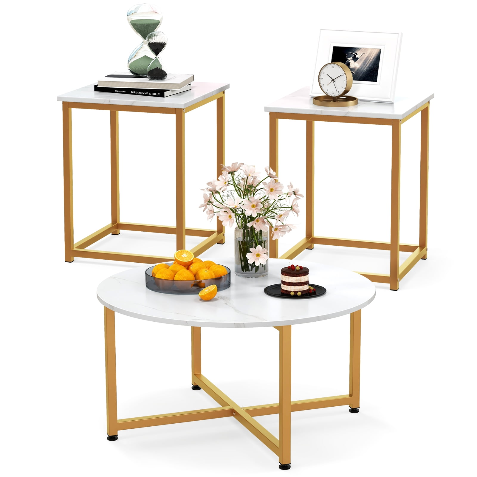 Giantex Round Nesting Table Set of 3, Modern Faux Marble Coffee Table w/2 End Tables, 3-Piece Wooden Living Room Table Set for Home Office
