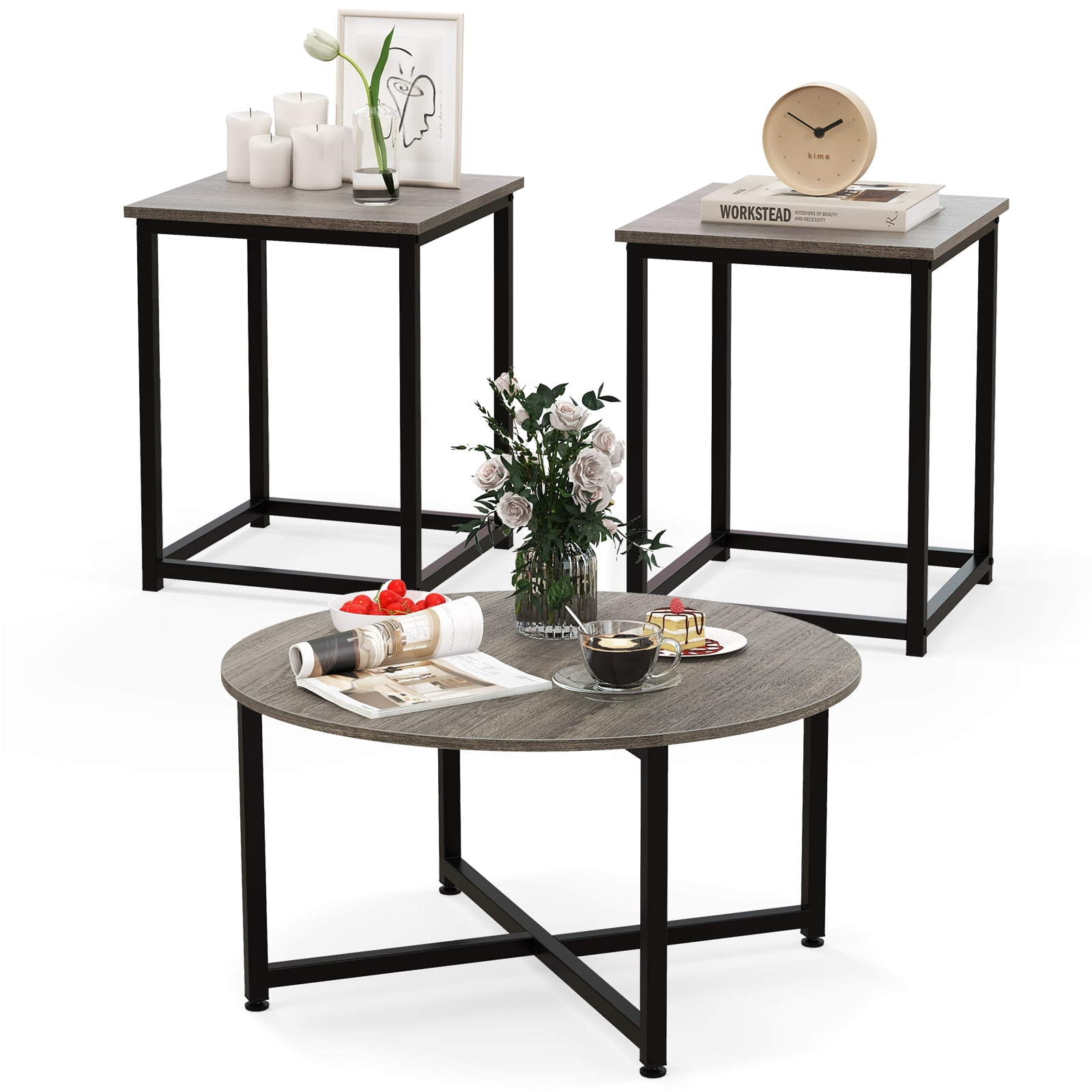 Giantex Round Nesting Table Set of 3, Modern Faux Marble Coffee Table w/2 End Tables, 3-Piece Wooden Living Room Table Set for Home Office