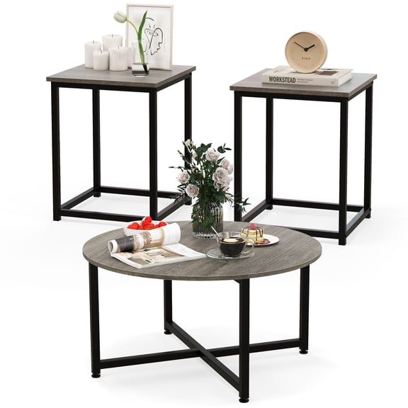 Giantex Round Nesting Table Set of 3, Modern Faux Marble Coffee Table w/2 End Tables, 3-Piece Wooden Living Room Table Set for Home Office