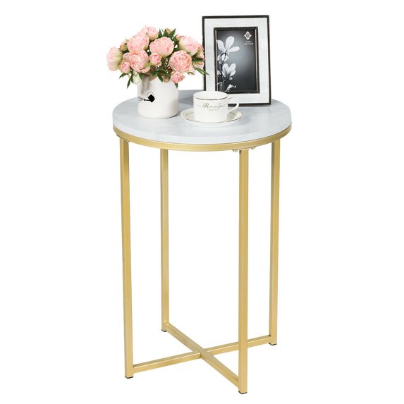 Giantex Round Side Table, X-Shaped End Table with Marble Top&Gold Base, Small Nightstand for Living Room, Accent Tables Cheap