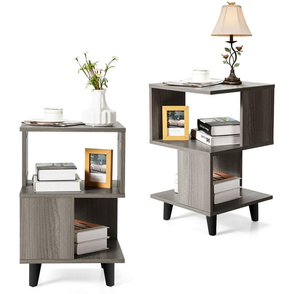 Giantex Set of 2 End Table, Accent Sofa Wood Nightstand, Small Bookcas w/Open Storage Shelves