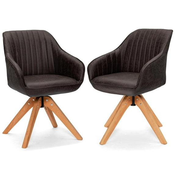 Giantex Set of 2 Swivel Dining Chairs, Side Chair w/Curved Back & Solid Wool Legs, Upholstered Dining Accent Chairs, Brown