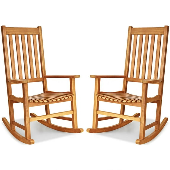 Giantex Set of 2 Wooden Rocking Chair, Slatted High Back Wood Rocker, Teak