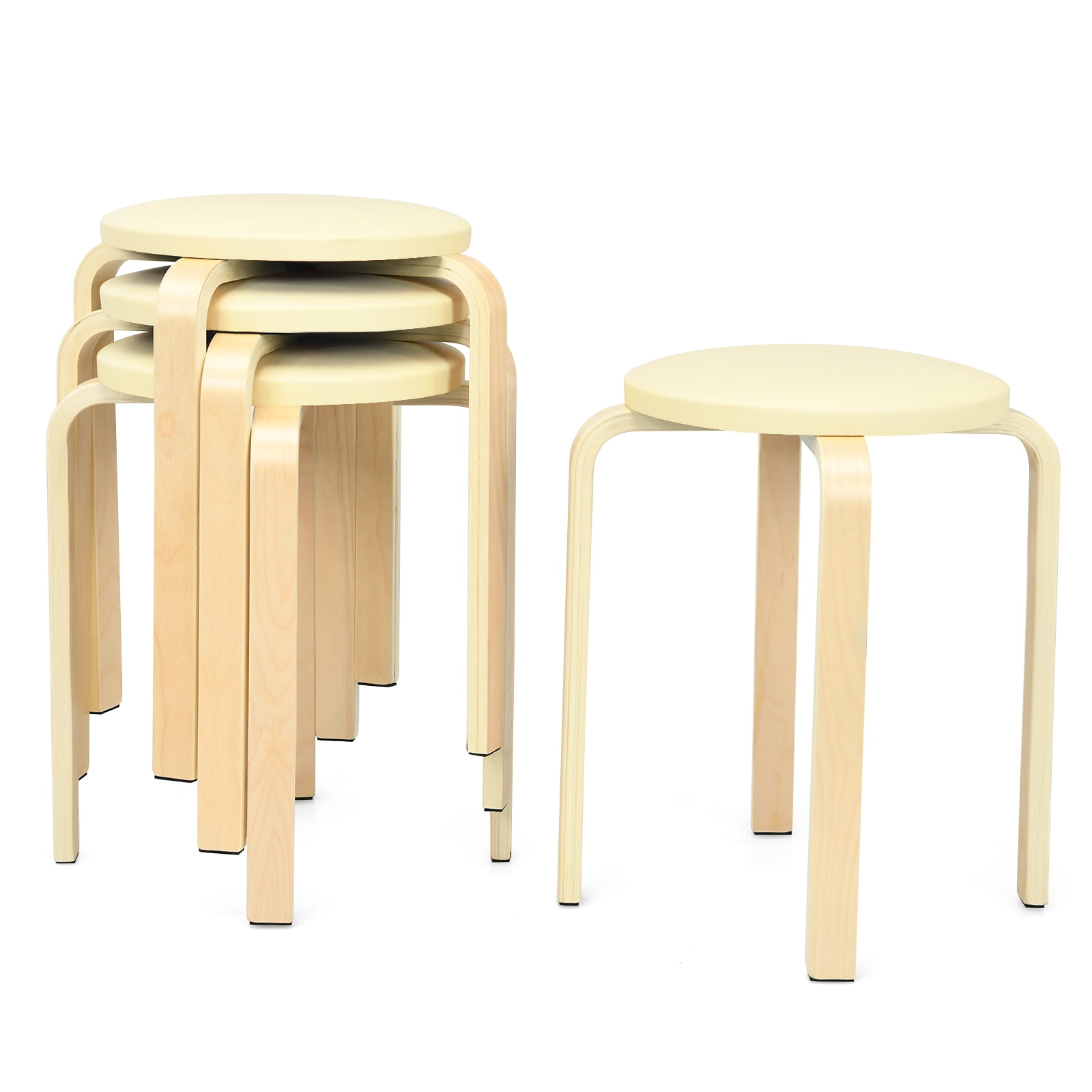 Beige Birch and PU Leather Stackable Bentwood Stools Set