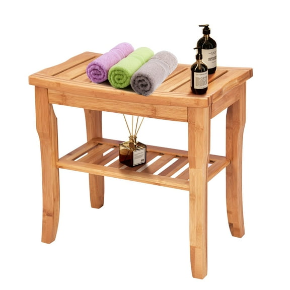 Giantex Shower Bench Bamboo with Extra Storage Shelf, Waterproof Bathroom Shower Stool with Efficient Storage Rack for Indoor or Outdoor Use (19'' x 10.5'' x 17.6'')