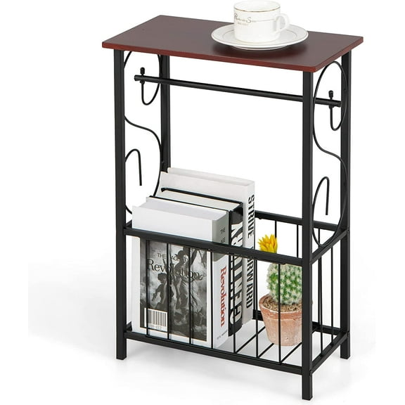 Giantex Side Table w/Paper Holder, Narrow Side Table w/Storage Basket & Steel Frame for Living Room Bedroom Bathroom Toilet, End Table for Small Space