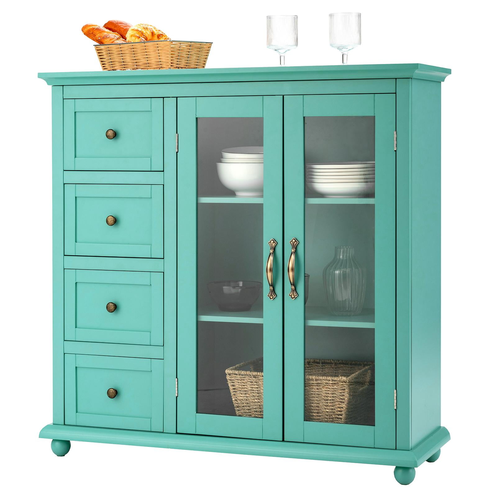 Giantex Sideboard Buffet Cabinet w/4 Drawers & Dual-Open Glass Doors ...