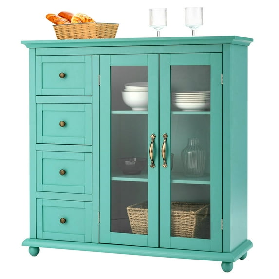 Giantex Sideboard Buffet Cabinet w/4 Drawers & Dual-Open Glass Doors, Kitchen Buffet Storage Cabinet, Green