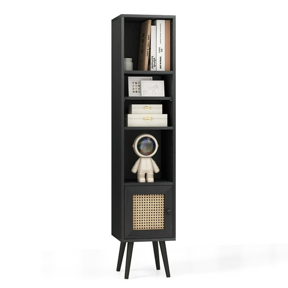 Giantex Slim Tall Rattan Storage Cabinet, Boho Accent Bookshelf, Freestanding Display Rack, Black
