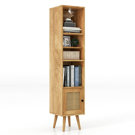 Giantex Slim Tall Rattan Storage Cabinet, Boho Accent Bookshelf, Freestanding Display Rack, Natural