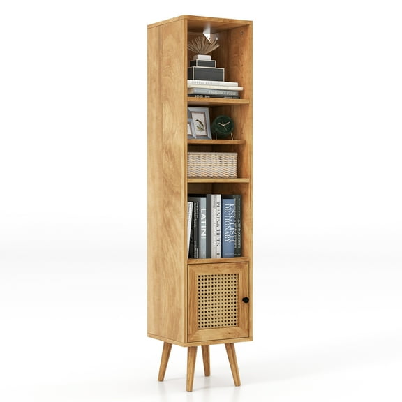 Giantex Slim Tall Rattan Storage Cabinet, Boho Accent Bookshelf, Freestanding Display Rack, Natural