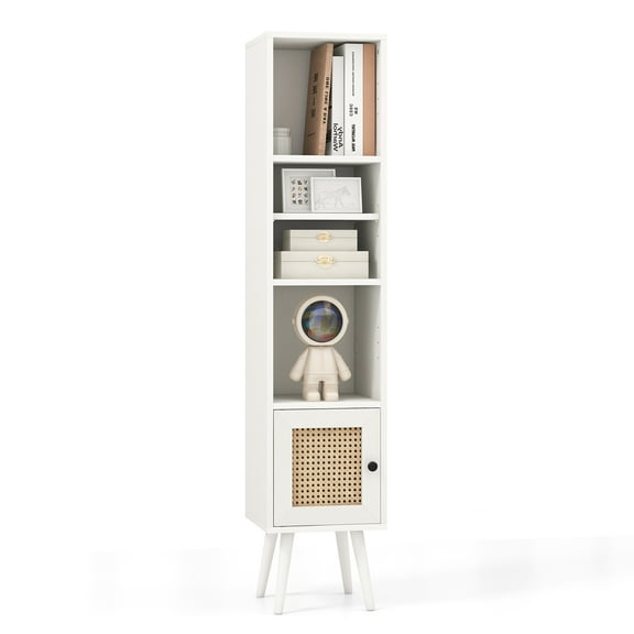 Giantex Slim Tall Rattan Storage Cabinet, Boho Accent Bookshelf, Freestanding Display Rack, White