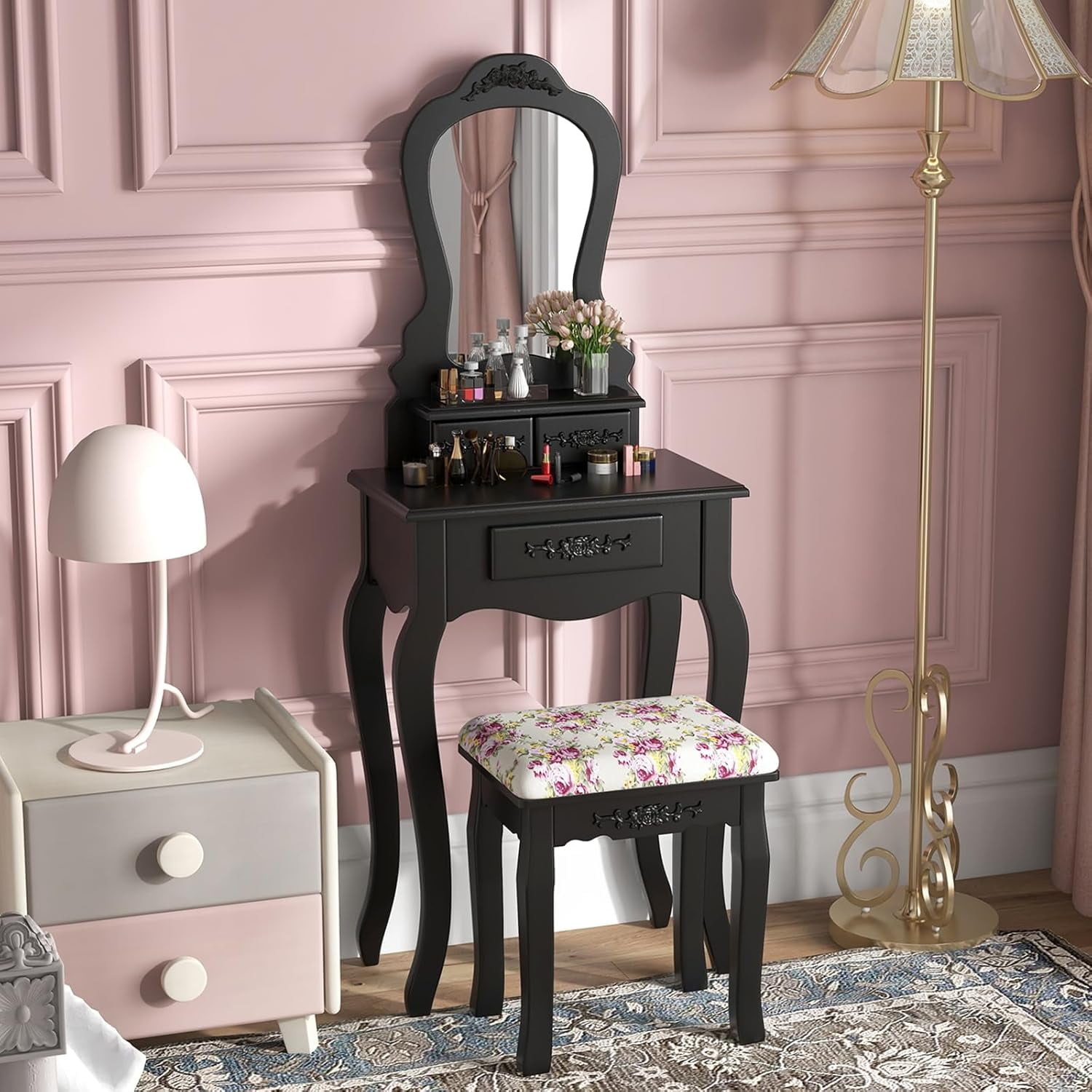 Giantex Small Vanity Desk Set, Black Makeup Vanity Table with Mirror