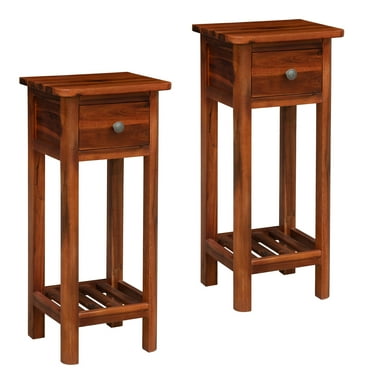 Giantex Sofa Side End Table, Acacia Wood 2-Tier Slim Side Table w/Storage Shelf and Drawer, No Assembly Required, Narrow Nightstand for Small Spaces, Living Room (2, Rustic Brown)