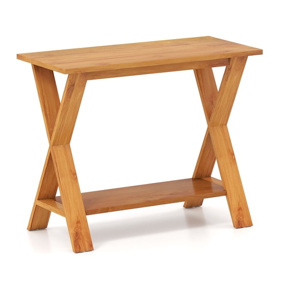 Giantex Solid Teak Wood Console Table, Long Entryway Table w/Storage Shelf