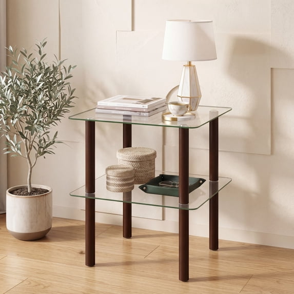 Giantex Square End Table, Small Sofa Side Table w/Clear Tempered Glass Top, Brown