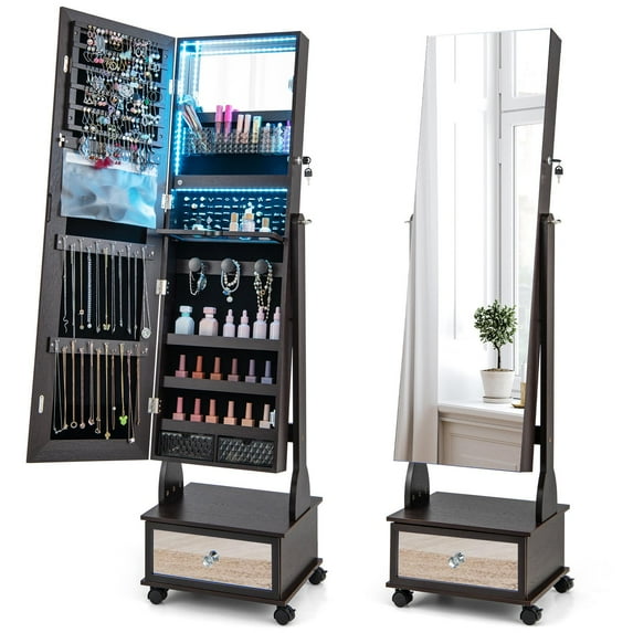 Giantex Standing Jewelry Armoire, Lockable Jewelry Organizer w/Full-Length Mirror, Vanity Mirror & 3-Color LED Lights, Mobile Jewelry Cabinet, Brown