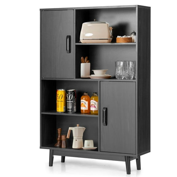 Giantex Storage Cabinet w/Doors & Anti-Tipping Device, 4-Tier Bookshelf, Tall Cupboard in Bedroom, Living Room, Kitchen, Black