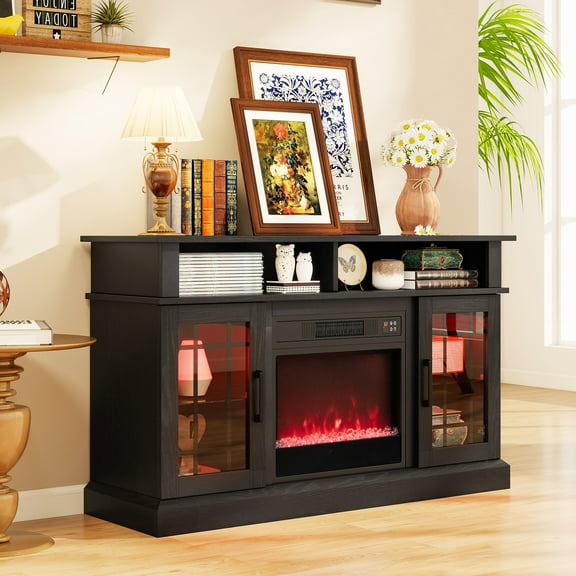 Giantex TV Stand w/ Electric Fireplace, Rustic Media Entertainment Center w/Adjustable Shelves, Black