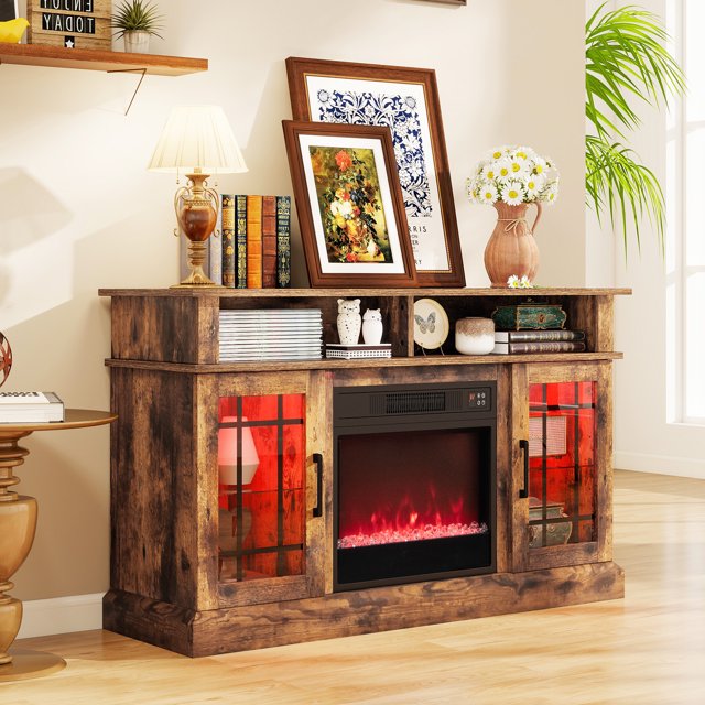 Giantex TV Stand w/ Electric Fireplace, Rustic Media Entertainment Center w/Adjustable Shelves, Brown