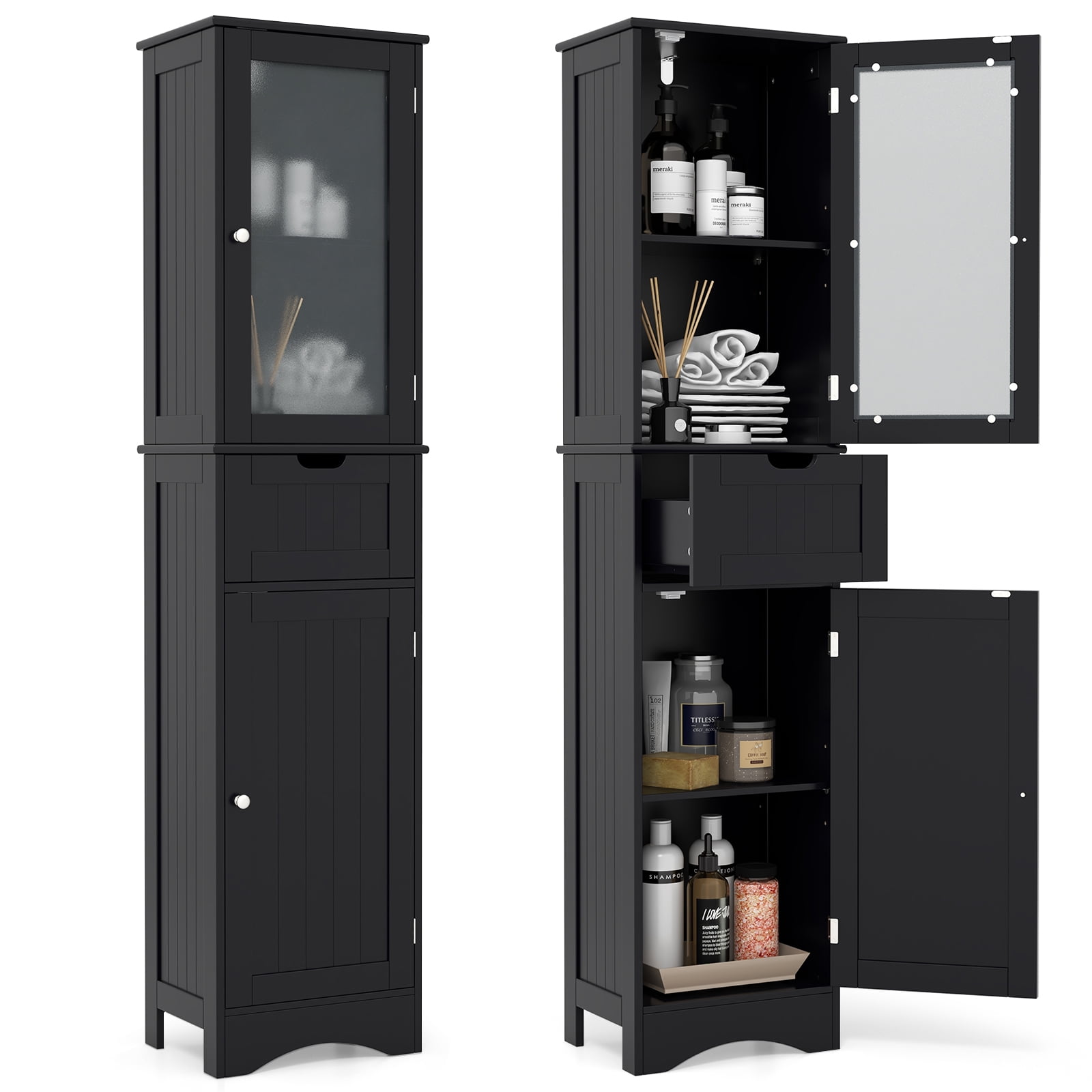 Giantex Tall Bathroom Storage Cabinet, Narrow Slim Linen Tower, Freestanding Floor Cabinet, Black