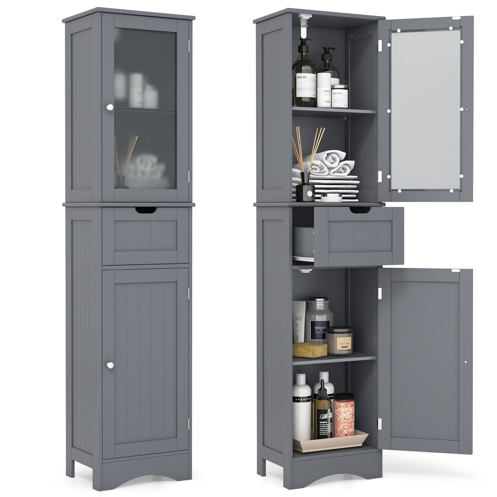 Giantex Tall Bathroom Storage Cabinet, Narrow Slim Linen Tower ...