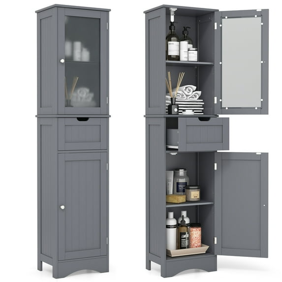 Giantex Tall Bathroom Storage Cabinet, Narrow Slim Linen Tower, Freestanding Floor Cabinet, Grey