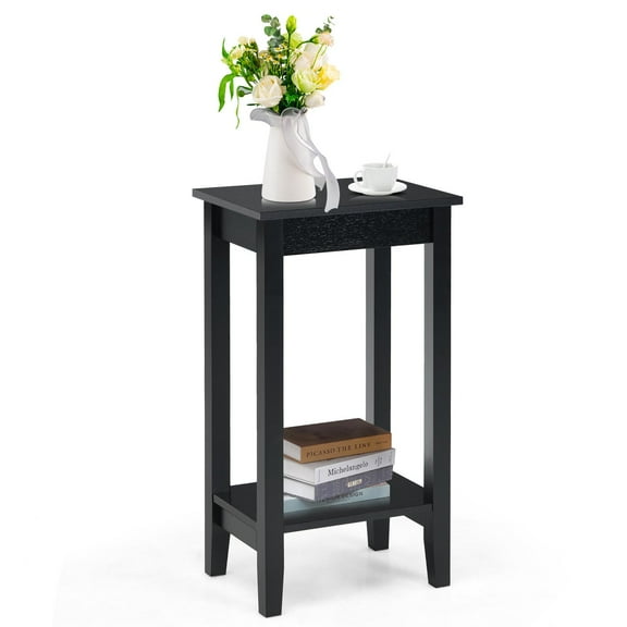 Giantex Tall Nightstand, 2-Tier End Table w/Wooden Legs, Sofa Bedside Table for Small Spaces, Black