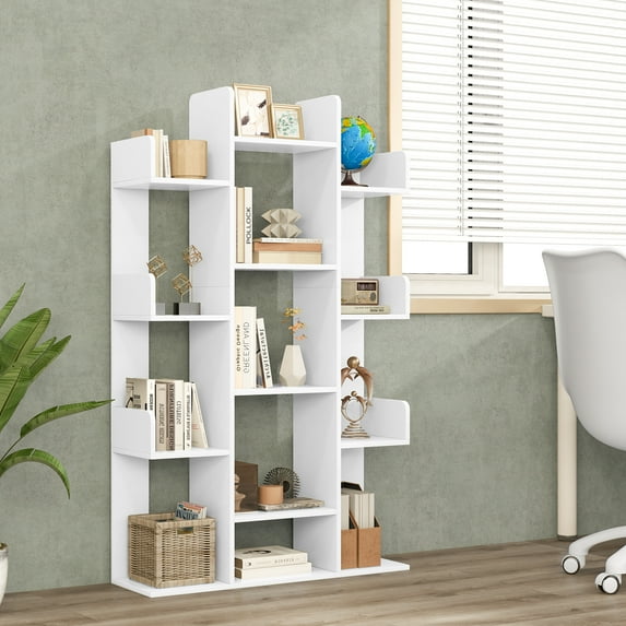 Giantex Tree Bookshelf, Wooden Bookcase w/13 Staggered Shelves, Geometric Display Wood Storage Organizer, White
