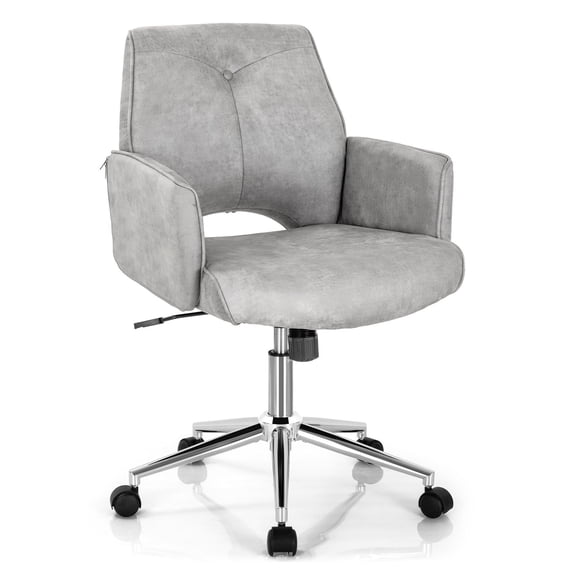 Giantex Tufted Chair, Height-adjustable Faux Leather Computer Desk Chair w/ Mid Back & Armrests, Rocking Accent Upholstered Swivel Armchair for Home Office