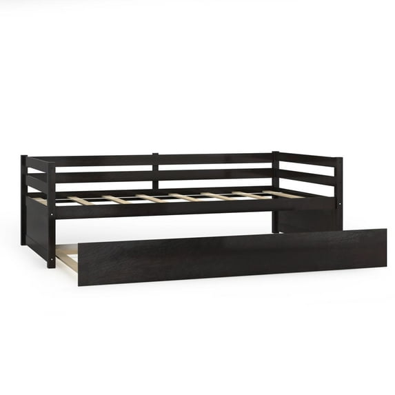Giantex Twin Size Wooden Daybed with Pull-Out Trundle Bed Set Wood Guest Bed Frame Slats for Bedroom Living Room Dorm, Espresso