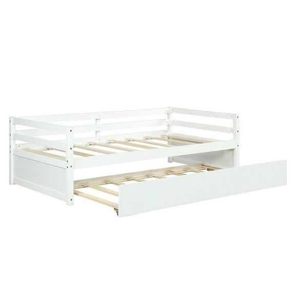 Giantex Twin Size Wooden Daybed with Pull-Out Trundle Bed Set Wood Guest Bed Frame Slats for Bedroom Living Room Dorm, White