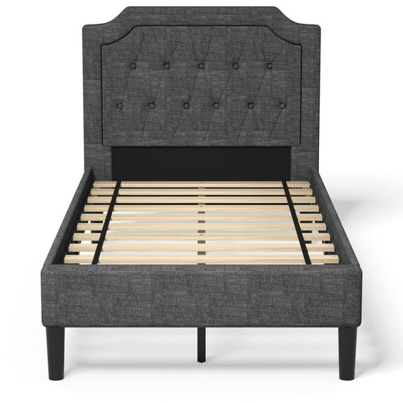 Giantex Upholstered Platform Bed Twin, Solid Mattress Foundation W/Wood Slat Support & Button Tufting Headboard, No Box Spring Required, Easy Assemble