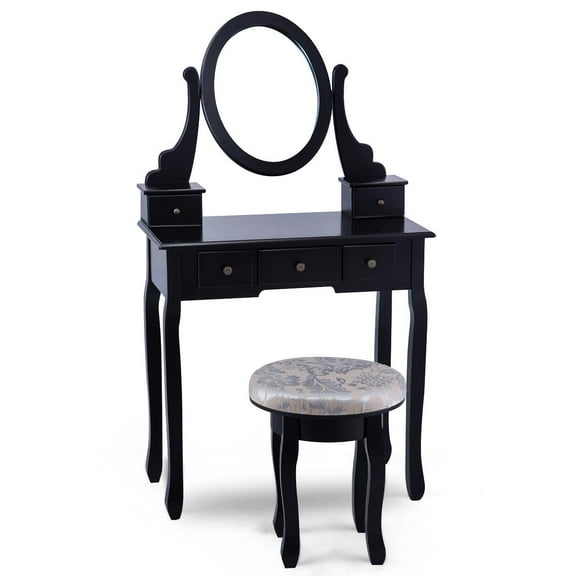 Giantex Vanity Set, Makeup Dressing Table Set with 360Rotating Mirror with 5 Drawers, Dresser Soft Cushioned Stool for Comfortable Sitting, Solid Wood Legs for Strong Construction, Black
