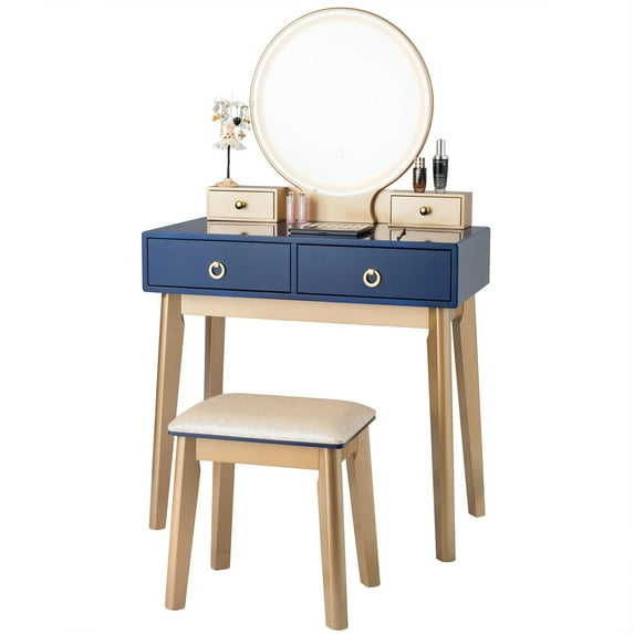 Giantex Vanity Set w/Lighted Mirror, Bedroom Dressing Table w/Padded Stool, 3-Color Touch-Screen Dimming Light & 4 Drawers, Blue