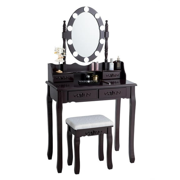 Giantex Vanity Table Set, Makeup Dressing Table w/Cushioned Stool & Lighted Mirror, Brown